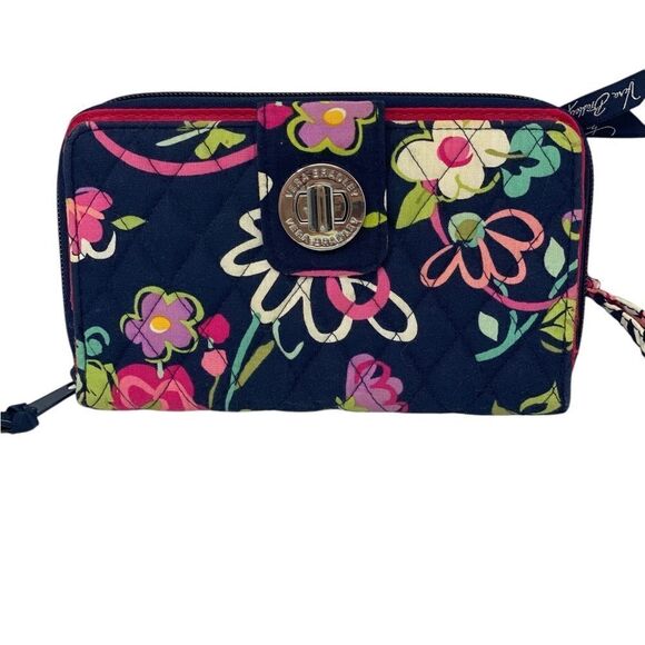 Vera Bradley 7.5” Blue Floral Garden Soft Silver Clasp Zipper Médium Wallet - Picture 1 of 9